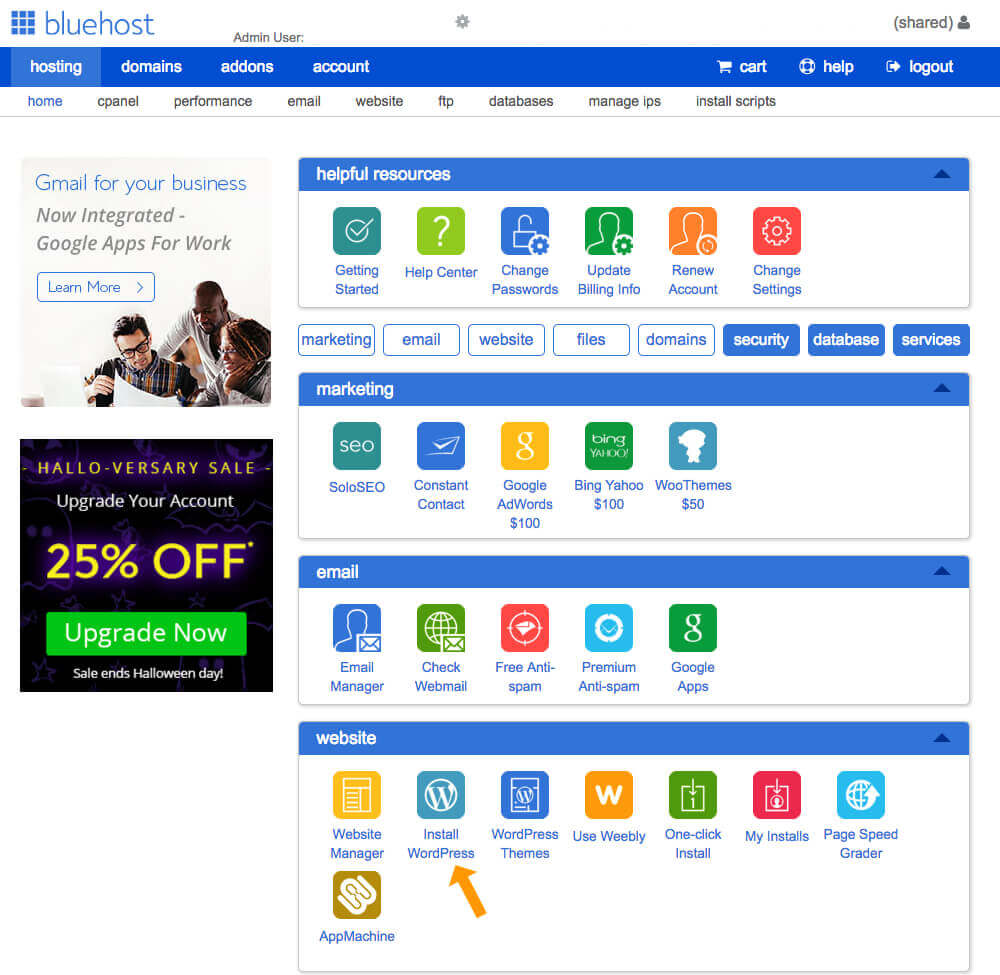 Bluehost dashboard - install WordPress