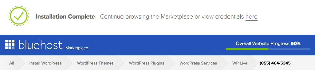 WordPress installation complete on Bluehost