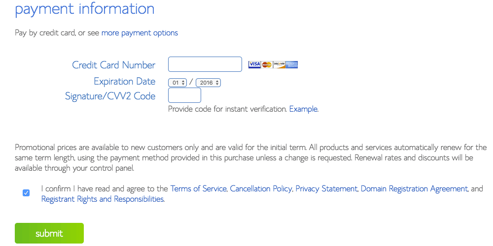 Payment information for Bluehost