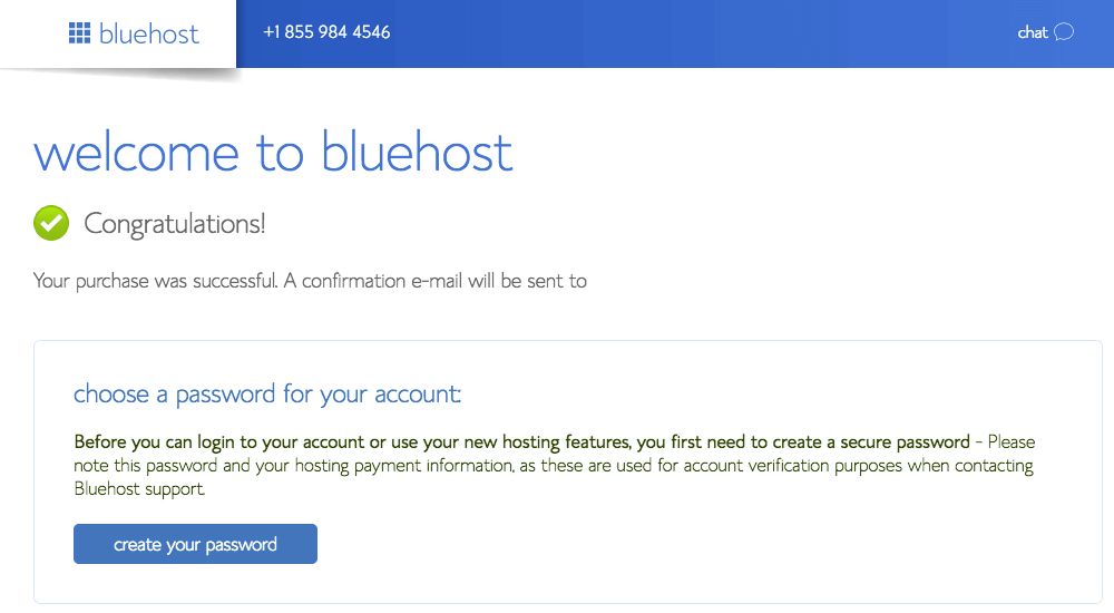 Successful purchase with Bluehost