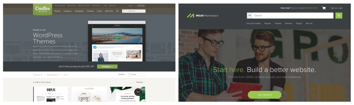 Find WordPress themes on Creative Market and Mojo Marketplace