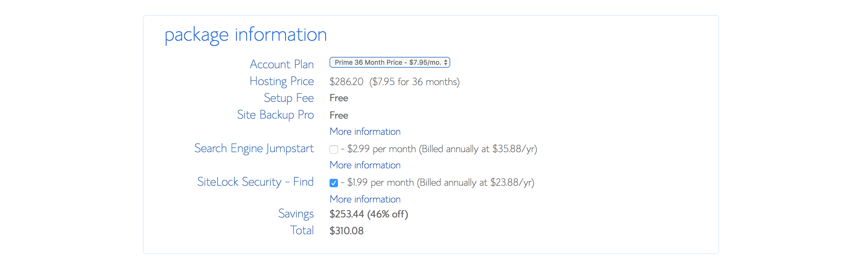 Package Information - Bluehost