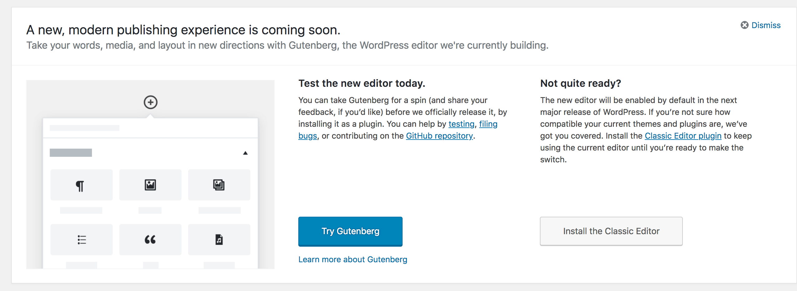 Install the Gutenberg plugin from your WordPress dashboard